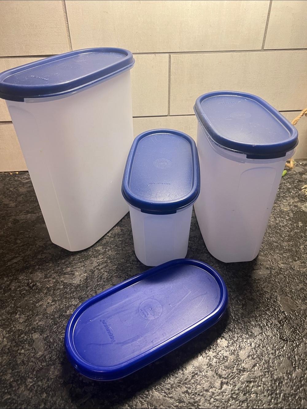 Set of 4 Blue Tupperware Modular Mates. Stacking. Closet organizing. FRESH FOOD